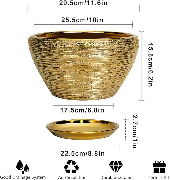 Gold ceramic planter with dimensions and features on a white background