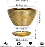 Gold ceramic planter with dimensions and features on a white background