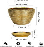 Gold ceramic planter with dimensions and features on a white background