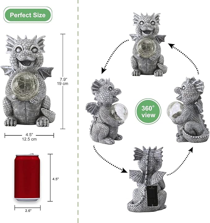 Dragon-shaped solar light with dimensions and 360-degree view on a white background