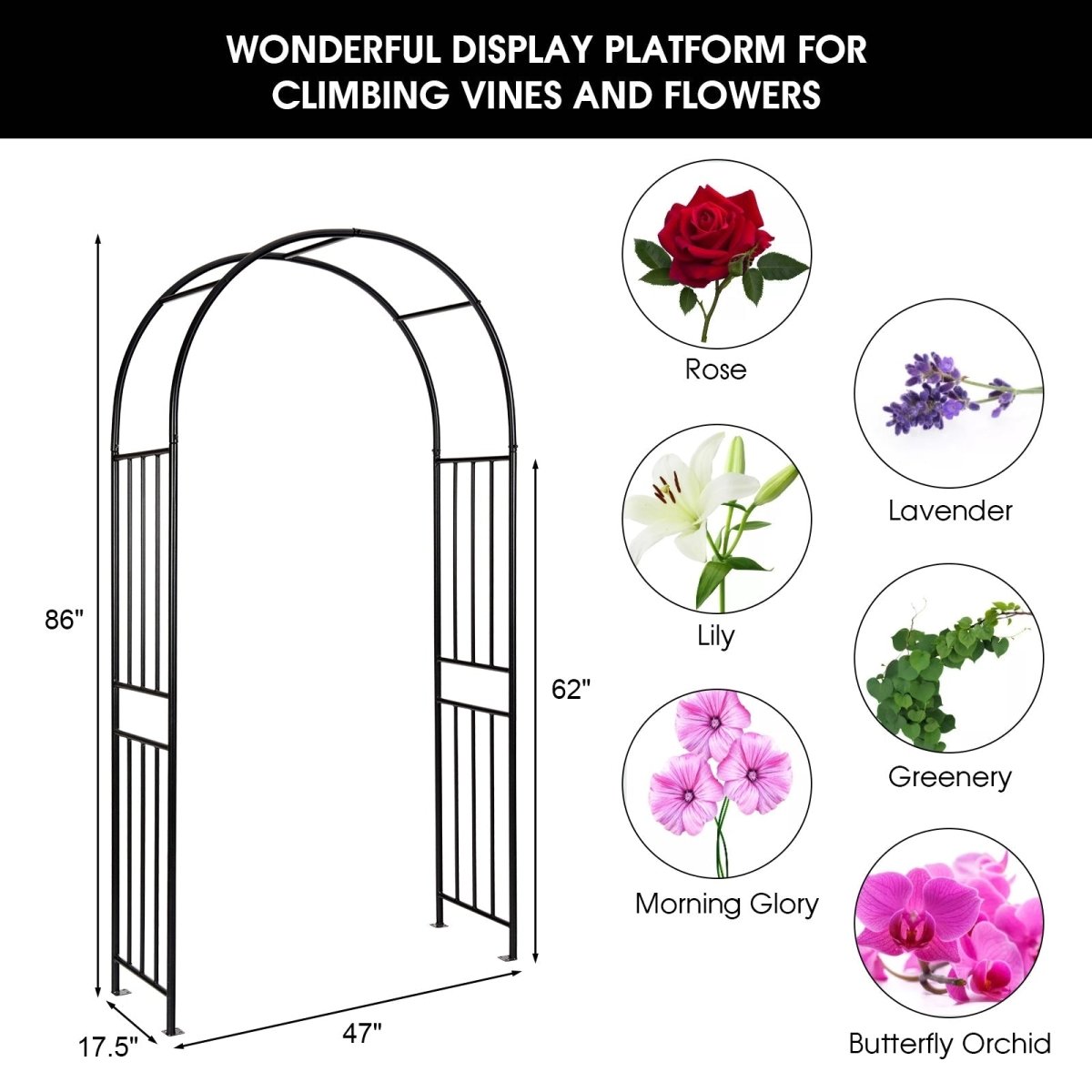 7.2 Ft Garden Arch Trellis – Metal Climbing Plant Arbor for Outdoor Décor - Napa Valley Wildflower Co.