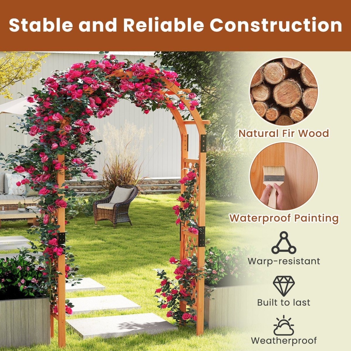 7.7 Ft Wooden Garden Arbor with Trellis – Outdoor Arch for Climbing Plants & Wedding Decor - Napa Valley Wildflower Co.