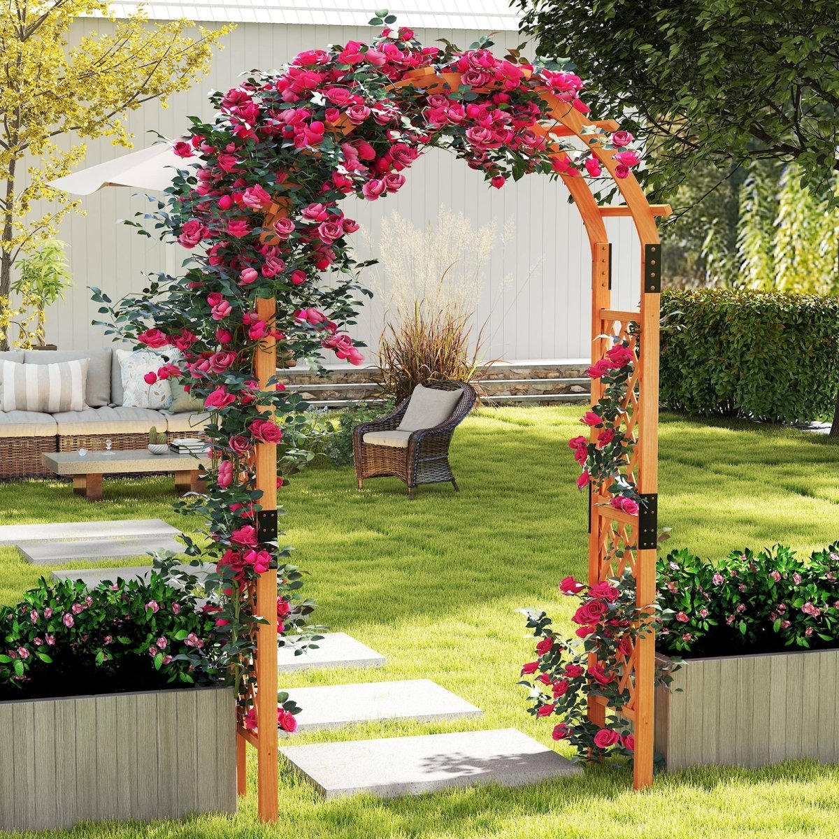 7.7 Ft Wooden Garden Arbor with Trellis – Outdoor Arch for Climbing Plants & Wedding Decor - Napa Valley Wildflower Co.