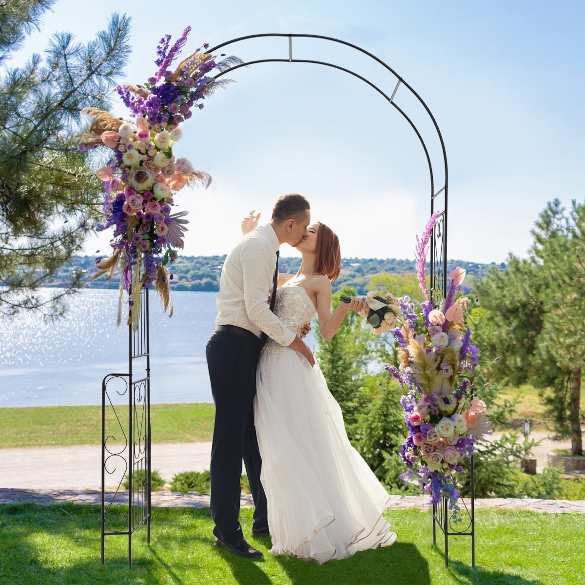 7.9 Ft Metal Garden Arch with Trellis Fence – Outdoor Wedding & Climbing Plant Arbor (Black) - Napa Valley Wildflower Co.