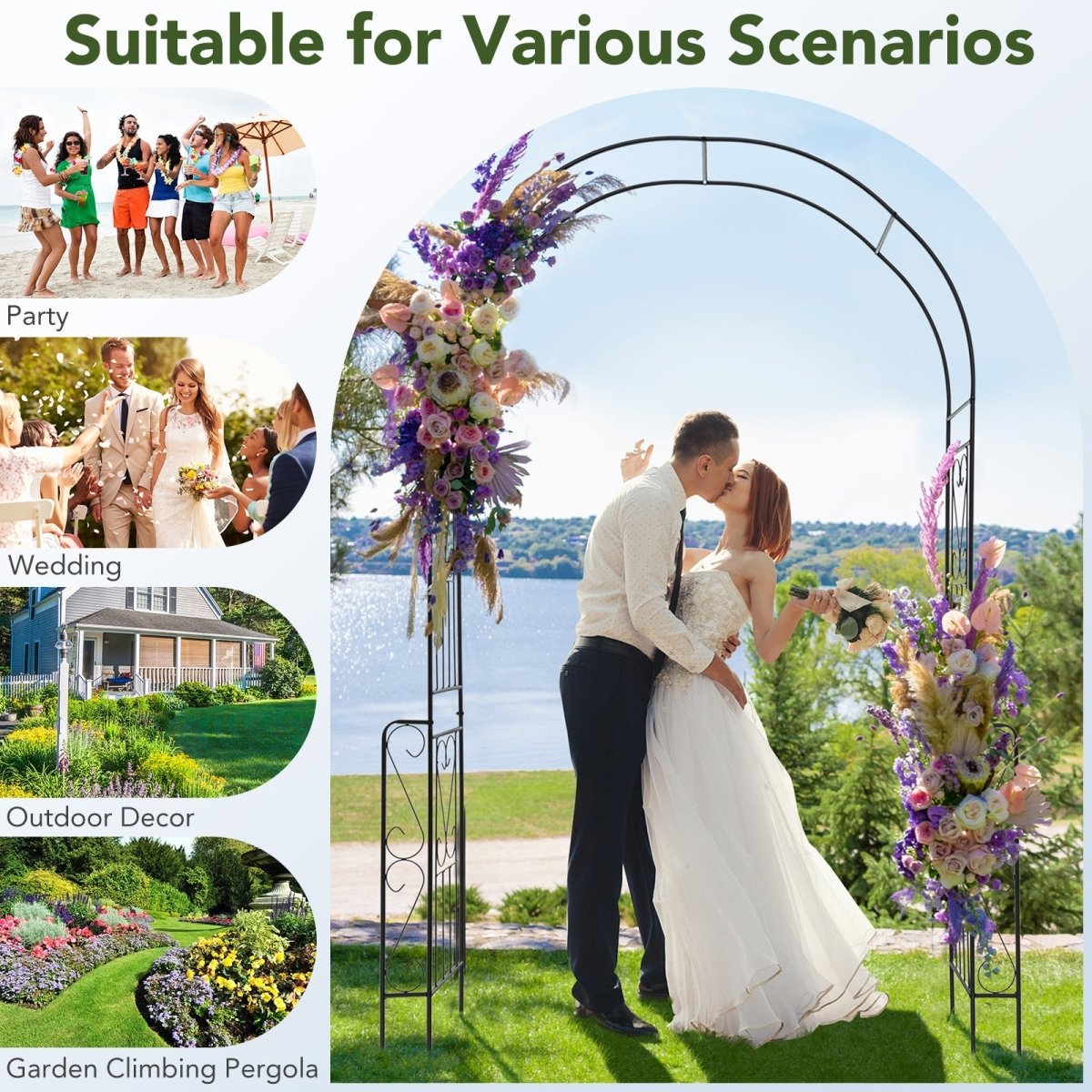 7.9 Ft Metal Garden Arch with Trellis Fence – Outdoor Wedding & Climbing Plant Arbor (Black) - Napa Valley Wildflower Co.