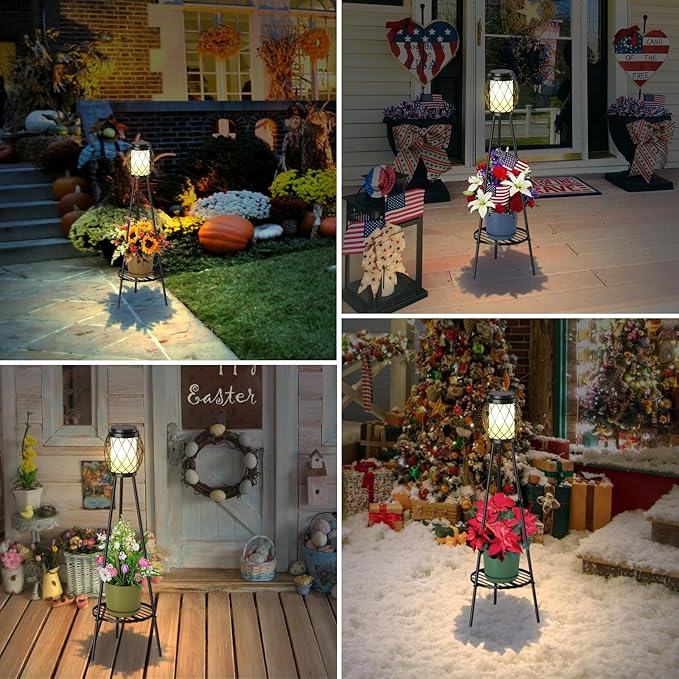 Collage of outdoor decorative scenes with lanterns and flowers.