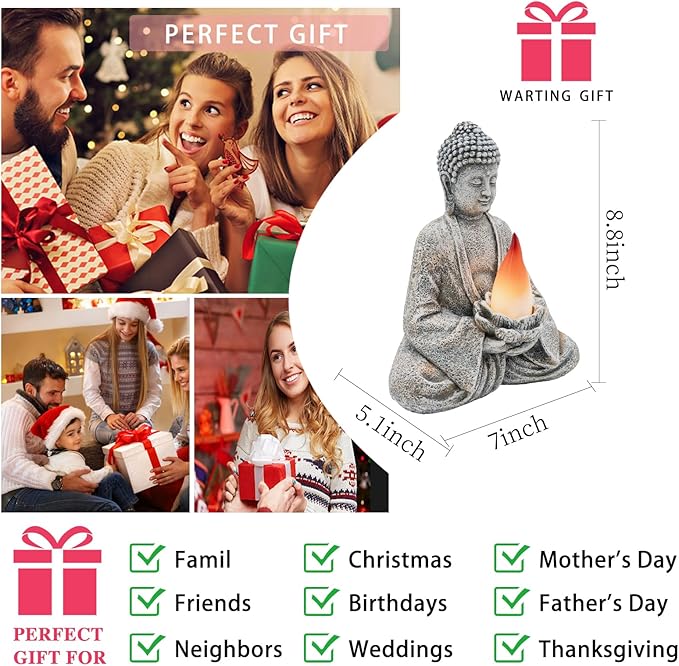 Buddha statue with candle surrounded by gift-giving scenarios and occasions.