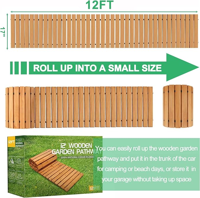 Wooden garden pathway with packaging, showing roll-up feature.