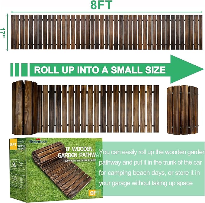 Wooden garden pathway with packaging and roll-up feature illustration