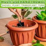Multi-use hand trowel being used to transplant a plant into a pot with text overlay.