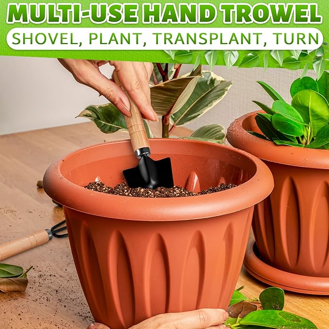 Multi-use hand trowel being used to transplant a plant into a pot with text overlay.