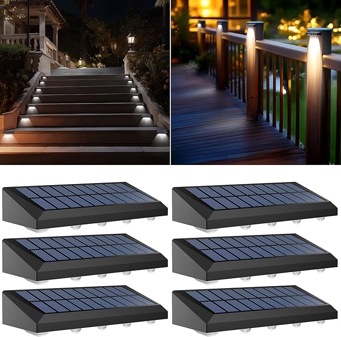 Solar-powered outdoor lights on a wooden deck and steps at night.