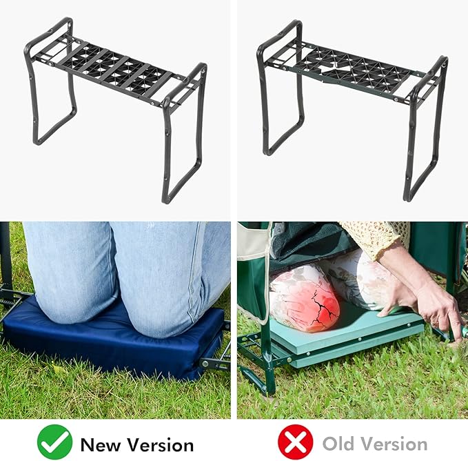 Comparison of a new and old version of a portable stool on grass.