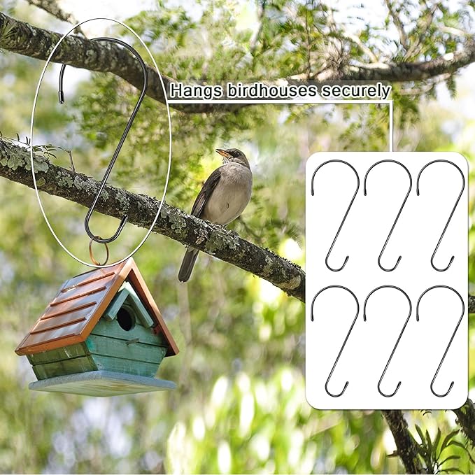 Birdhouse hanging from a S-hook on a tree branch with additional hooks displayed.
