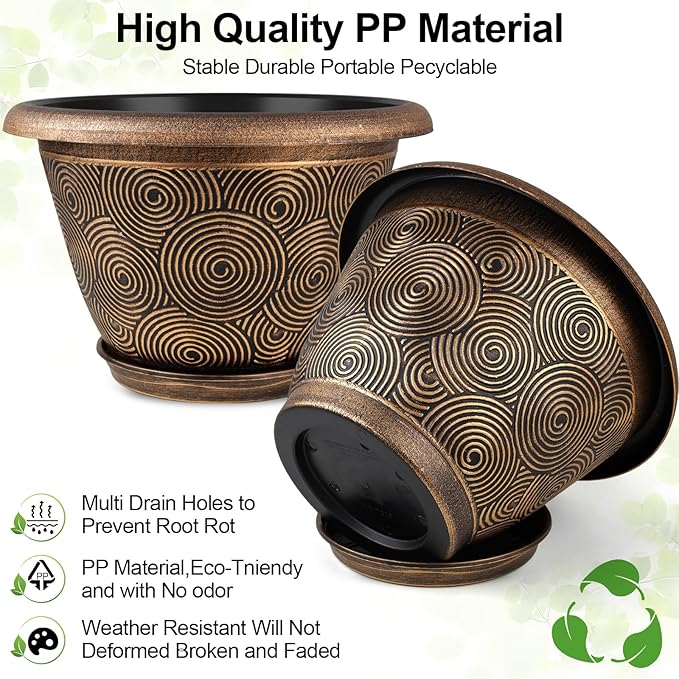 Two decorative planters with a patterned design on a white background, featuring text about material quality and benefits.