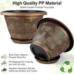Two decorative planters with a patterned design on a white background, featuring text about material quality and benefits.
