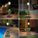 Collage of outdoor scenes with a decorative lamp and plant stand.