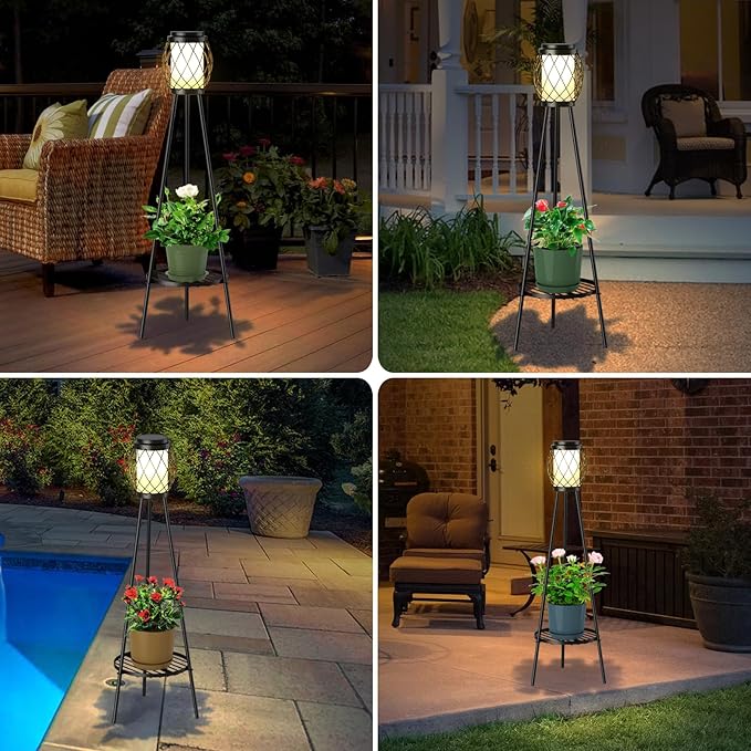 Collage of outdoor scenes with a decorative lamp and plant stand.