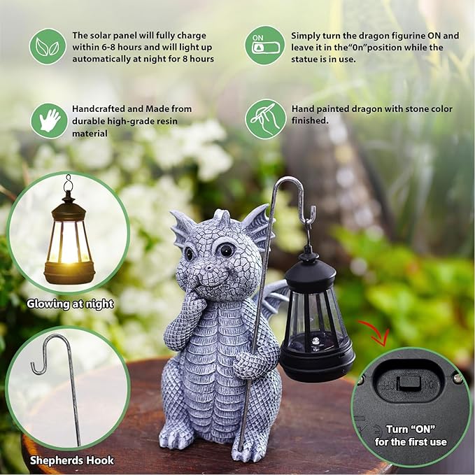 Dragon-shaped solar light with features highlighted on a blurred garden background