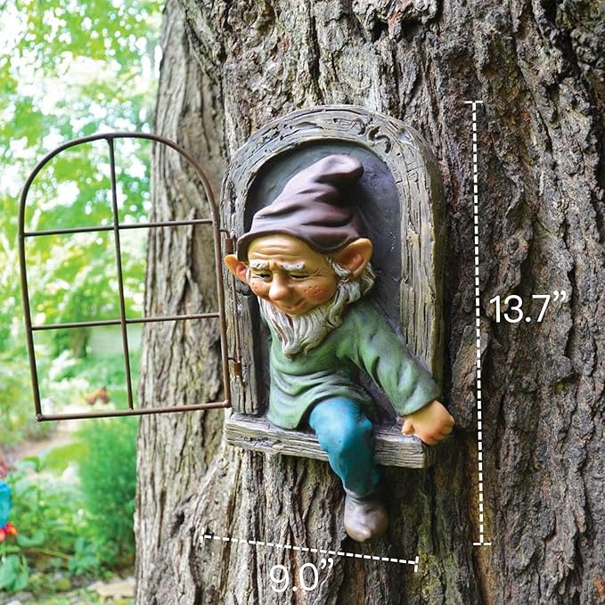 Gnome figurine sitting in a window cutout of a tree with measurements indicated.