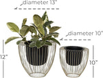 Two wire plant hangers with plants, showing dimensions on a white background
