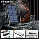 Solar panel with smartphone showing time, size measurement, installation instructions, and features on a dark background.
