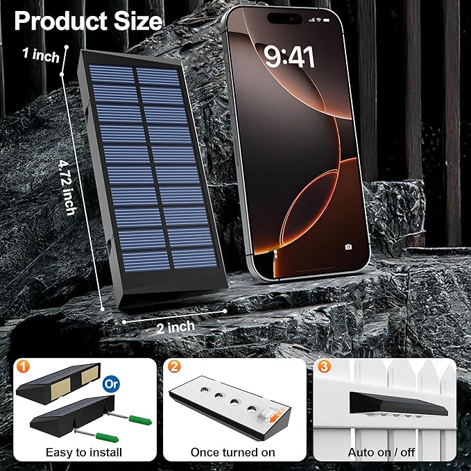 Solar panel with smartphone showing time, size measurement, installation instructions, and features on a dark background.