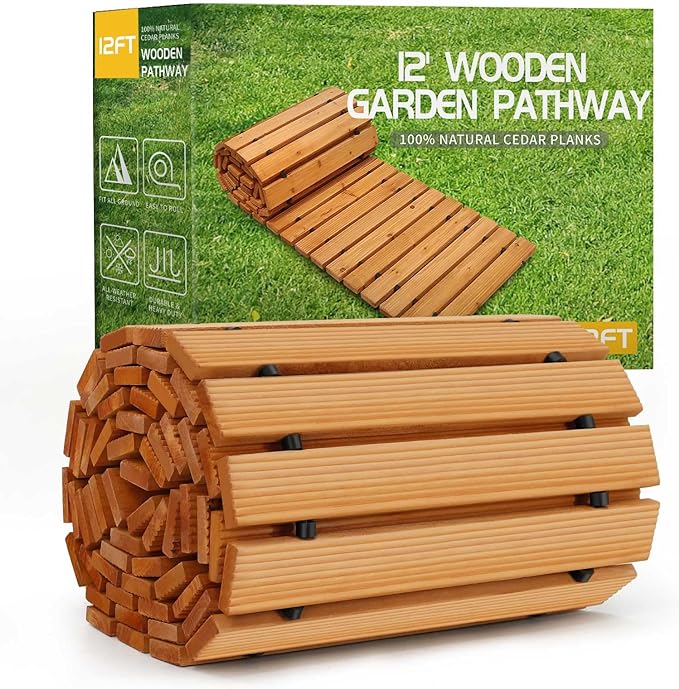 Wooden garden pathway with packaging displaying '12 FT Wooden Pathway' on a grass background.