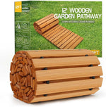 Wooden garden pathway with packaging displaying '12 FT Wooden Pathway' on a grass background.