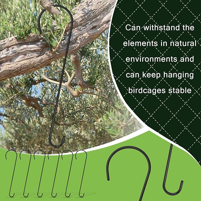 Metal birdcage hook hanging from a tree branch with text about durability.