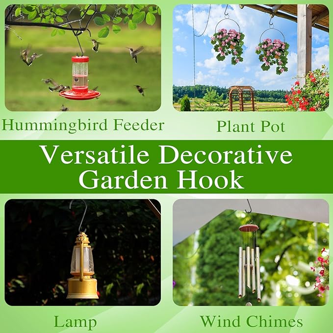 Versatile decorative garden hook with applications including a hummingbird feeder, plant pots, a lamp, and wind chimes.