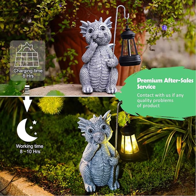 Dragon-shaped solar light with charging and working time details in a garden setting.