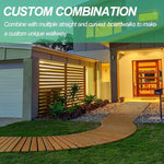 Wooden boardwalk leading to a modern house with text about custom combinations.