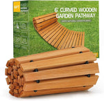 Stack of curved wooden garden pathway planks with packaging in the background