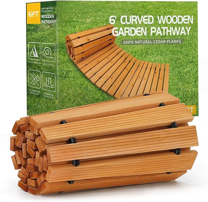 Stack of curved wooden garden pathway planks with packaging in the background