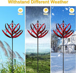 Red windmill garden stake withstands windy, rainy, and snowy weather conditions.