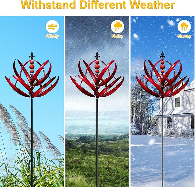 Red windmill garden stake withstands windy, rainy, and snowy weather conditions.