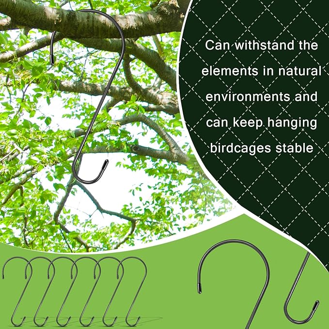 Metal birdcage hooks hanging from a tree branch with text about durability.