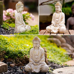 Collage of a Buddha statue in various outdoor settings with greenery.