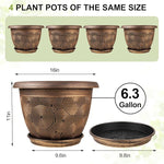 Set of four bronze-colored plant pots with circular patterns, including dimensions and capacity details.