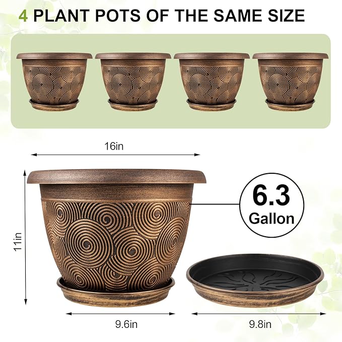 Set of four bronze-colored plant pots with circular patterns, including dimensions and capacity details.
