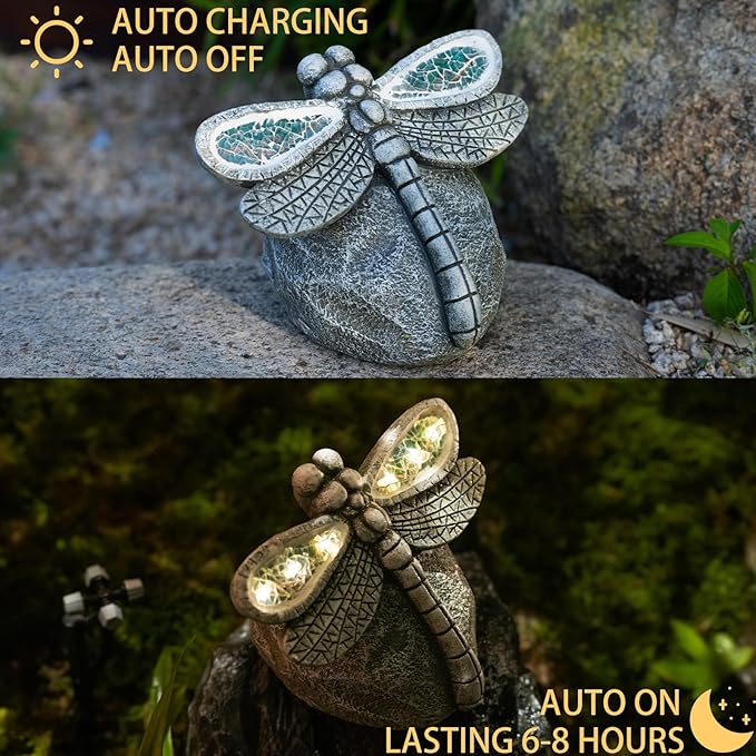 Dragonfly-shaped solar light on a rock with text indicating charging and auto-off/auto-on features.