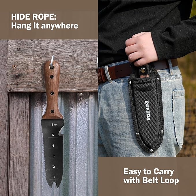 Knife with wooden handle and black blade attached to a wooden surface, held in a sheath by a person.