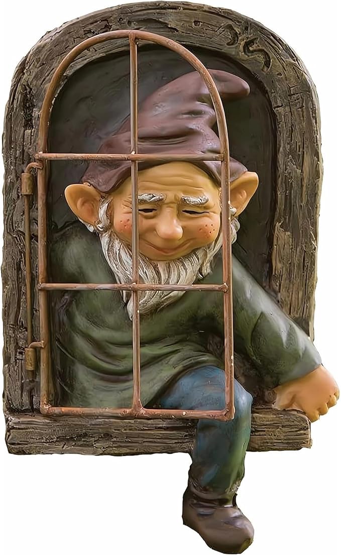 Gnome figurine sitting inside a rustic wooden window frame