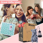 Collage of a child giving a gift, a woman opening a gift, and a dragon-shaped solar lantern with packaging.
