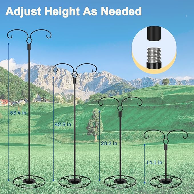 Garden stand with adjustable height feature shown against a scenic background