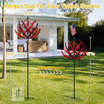 Red metal garden sculpture on a grassy lawn with measurements and instructions displayed.