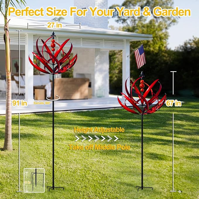 Red metal garden sculpture on a grassy lawn with measurements and instructions displayed.