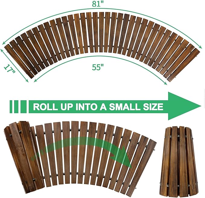 Wooden mat with measurements and instructions to roll it up into a smaller size.