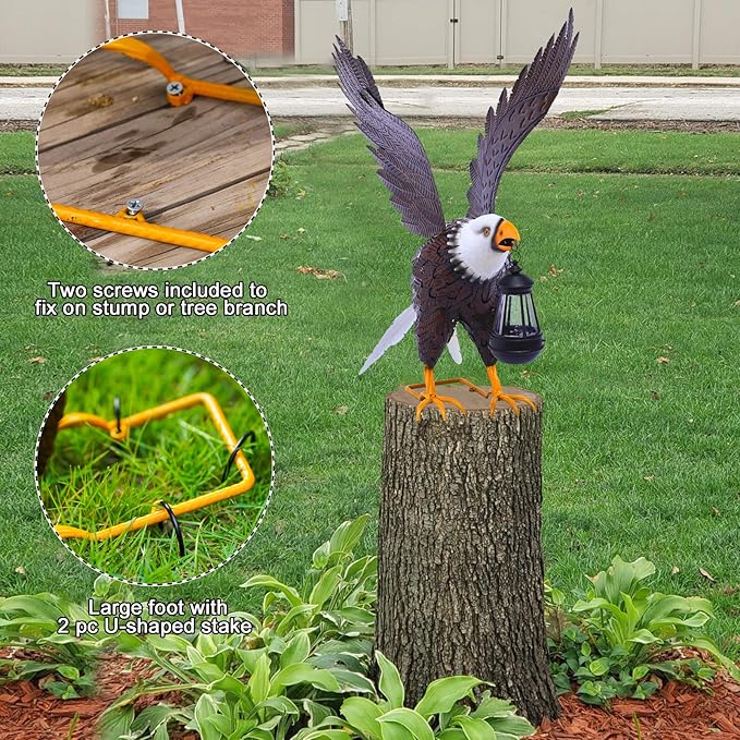 Decorative eagle sculpture on a tree stump with mounting details.